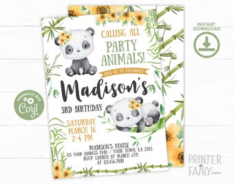 Panda Birthday Invitation, Bamboo, Panda Floral Invitation, EDITABLE Birthday Invitation, Panda Birthday Party, Digital Instant Download