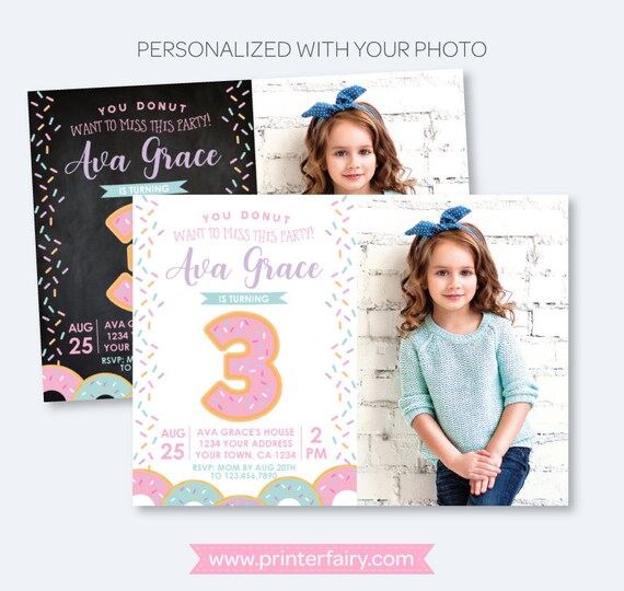 Donut Birthday Invitation with Photo, ANY AGE, Sprinkles Birthday Party, Birthday Girl Invite, Personalized Invitation, 2 options Il_570xn