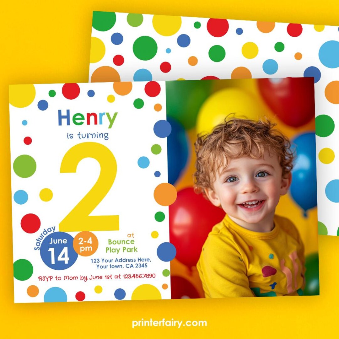 Two Birthday Invite Primary Colors 2nd Birthday Invitation Editable Template With Photo ...