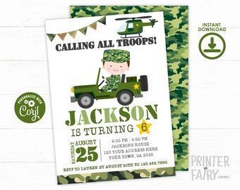 EDITABLE Army Invitations, Camo Invitation, Soldier Birthday Party, Army Birthday Invite, Digital Invitation, INSTANT DOWNLOAD