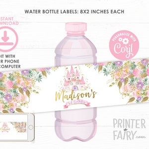 Princess Water Bottle Labels, Editable, Princess Birthday Party, Castle Labels, Princess Decorations, EDIT YOURSELF, Instant Download image 2