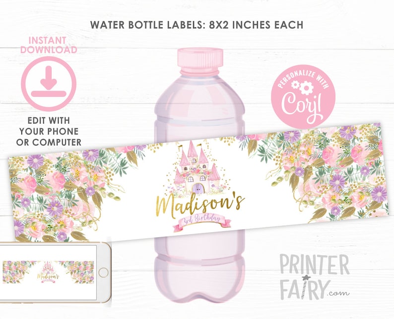 Princess Water Bottle Labels, Editable, Princess Birthday Party, Castle Labels, Princess Decorations, EDIT YOURSELF, Instant Download image 2