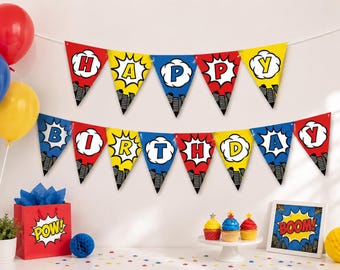 Può includere: Uno striscione per feste a tema supereroi con gagliardetti triangolari, nuvolette in stile fumetto, sagome di città e la scritta HAPPY BIRTHDAY. Il set include palloncini, un sacchetto regalo con la parola POW e dei cupcake decorati.