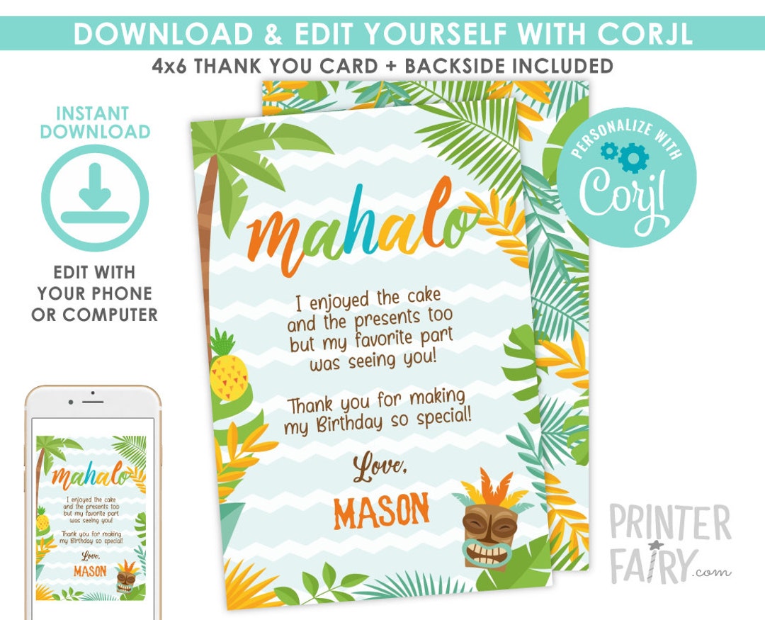 Luau Thank You Cards EDITABLE Hawaiian Birthday Party Beach Etsy