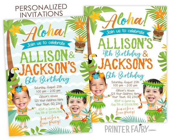 Luau Siblings Birthday Invitation, Hawaiian Joint Birthday Party, Pool Party Birthday, Personalized Digital Invite, 2 options Il_570xn