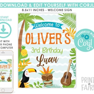 Luau Welcome Sign, EDITABLE, Hawaiian Party, Pool Party, Luau Birthday Party Decorations, Tropical Sign, INSTANT DOWNLOAD