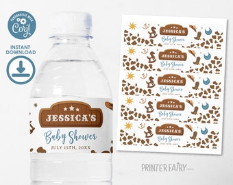 Cowboy Baby Shower Water Bottle Label, Editable, Rodeo Baby Sprinkle Decoration Little Cowboy Baby Shower Party Wild West Rodeo Ranch Label