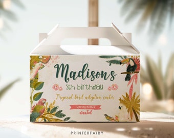 Tropical Bird Birthday Favor Box Label, EDITABLE, Tropical Birthday Box Sticker, Summer Birthday Luau Label, Toucan, Box, INSTANT DOWNLOAD