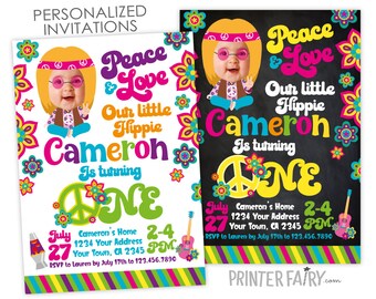 Hippie Birthday Invitation with Photo, 60s Birthday Party, Colorful Birthday Invitation, Peace & love Personalized Printable DIGITAL Invite