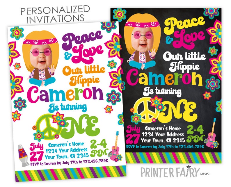 Hippie Birthday Invitation With Photo 60s Birthday Party Colorful 