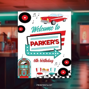Diner Welcome Sign, Editable, Sock Hop Decorations, Midcentury Sign, 1950&#39;s Soda Shop Theme Party, Fifties American Diner, Retro Decor