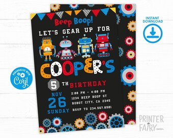 Robot Birthday Invitation, Robot Party, Beep Boop Invitation, Retro Robot, EDITABLE Invitation, INSTANT DOWNLOAD