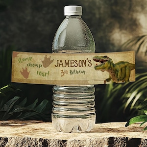 May include: Water bottle label with a dinosaur illustration and the text "JAMESON'S 3RD Birthday" and "stomp, chomp, roar!"