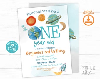 Outer Space First Birthday Invitation, Editable Template, Planets Rocket Ship Party Invite, Galaxy Birthday Party Invitation, Space Party