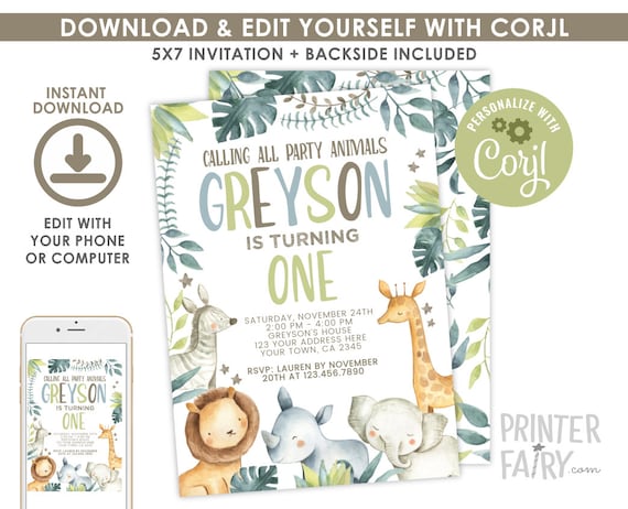 Safari Birthday Invitation, EDITABLE, Safari Invitation, Jungle Animals Party, Any age, EDIT YOURSELF Digital, Instant Download Il_570xn