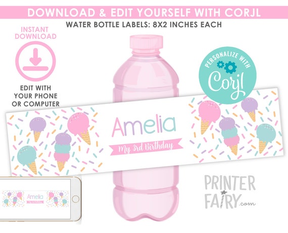 Ice Cream Water Bottle Labels EDITABLE, Ice Cream Labels, EDIT YOURSELF ...