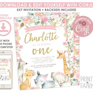 Safari Birthday Invitation, EDITABLE, Safari 1st Birthday Invitation, Jungle Animals Party, Any age, EDIT YOURSELF Digital, Instant Download