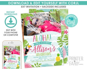 Luau Invitation with photo, EDITABLE, Beach Birthday Party, Luau Birthday Invitation, Luau BirthdayParty, Tropical, INSTANT DOWNLOAD