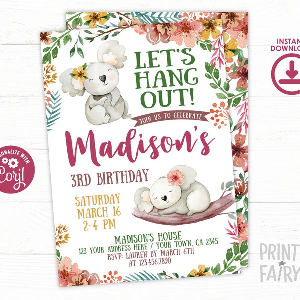 Koala Birthday Invitation, EDITABLE, Girl Birthday Invitation, Floral Invitation, Bear Invitation, Let's Hang Out Invite, INSTANT DOWNLOAD