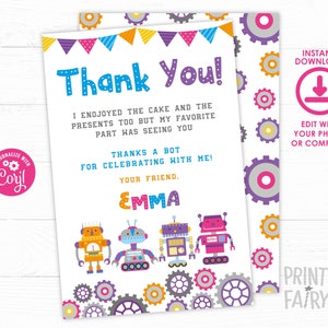 Cartão de agradecimento do robô, festa do robô, festa do Beep Boop, robô retrô, nota de agradecimento EDITÁVEL, DOWNLOAD INSTANTÂNEO