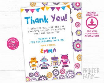 Robot Thank You Card, Robot Party, Beep Boop Party, Retro Robot, EDITABLE Thank You Note, INSTANT DOWNLOAD