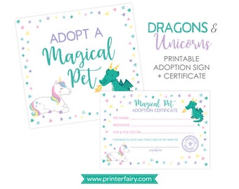 Unicorn and Dragon Adoption Center, Adopt a Dragon Unicorn, Pet Adoption Party, Adoption Certificate & Sign, Printable files DIGITAL Instant