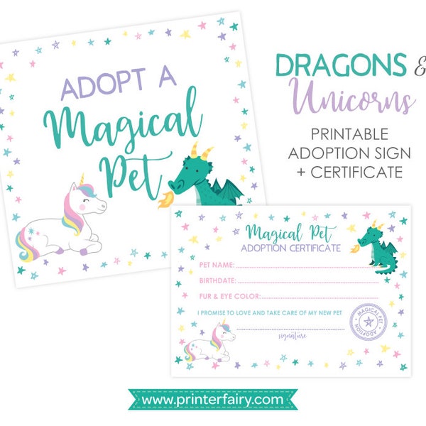 Unicorn and Dragon Adoption Center, Adopt a Dragon Unicorn, Pet Adoption Party, Adoption Certificate & Sign, Printable files DIGITAL Instant