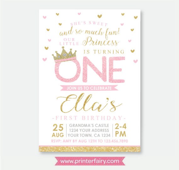 Princess First Birthday Invitation Royal Birthday Party Princess