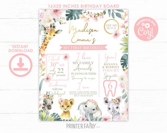 Wild One Milestones Board, EDITABLE Jungle Welcome Sign, Safari Sign, Girl Birthday, Floral Jungle Decorations, INSTANT DOWNLOAD