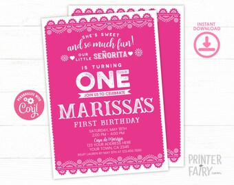 EDITABLE Fiesta 1st Birthday Invitation, Papel Picado, Cinco de Mayo Birthday Party, Little Senorita, Any Age, EDIT YOURSELF Digital Invite