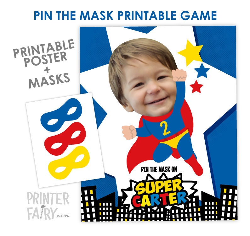 Pin The Mask Game, Superhero Birthday Party, Superheroes Party Decorations, Party Game, Pin the Tail, DIGITAL Personalized Poster image 1