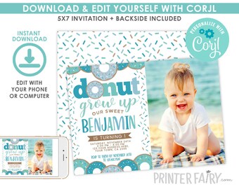 Donut Grow Up Boy Invitation with photo, Donut Invitation, EDITABLE, Donut First Birthday Invitation, Donut Party, INSTANT DOWNLOAD