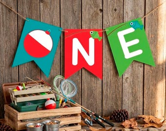 Décorations imprimables de fête de bannière de pêche pour le 1er anniversaire, téléchargement immédiat