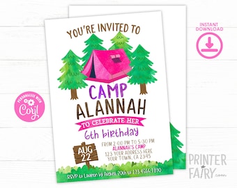 Camping Birthday Invitation, Editable, Summer Camp Birthday Party, Sleepover Birthday Invitation, Campout Invite, Instant Download