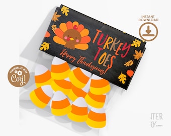 Turkey Toes Label, Candy Corn Treat Bag Label, EDITABLE Little Turkey Label, Thanksgiving Favor, Thanksgiving Topper, Instant Download