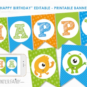 Little Monster Birthday Banner, EDITABLE Banner, Little Monster 1st Birthday Decor, Little Monster Banner, Instant download image 1