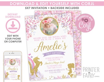 Unicorn and Mermaid with Photo EDITABLE Birthday Invitation, Magical Birthday, Floral Birthday Invitation, EDIT YOURSELF Invitation