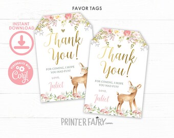 Deer Favor Tags, EDITABLE, Fawn Birthday, Forest Birthday Party, Woodland Birthday, Floral Thank You Tags, INSTANT DOWNLOAD