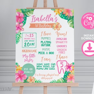 Luau First Birthday Board, Hawaiian Party 1st Birthday Stats, Tropical Birthday Decorations, Luau Birthday Sign, Hawaiian Editable Template image 1