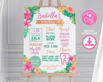 Luau First Birthday Board, Hawaiian Party 1st Birthday Stats, Tropical Birthday Decorations, Luau Birthday Sign, Hawaiian Editable Template