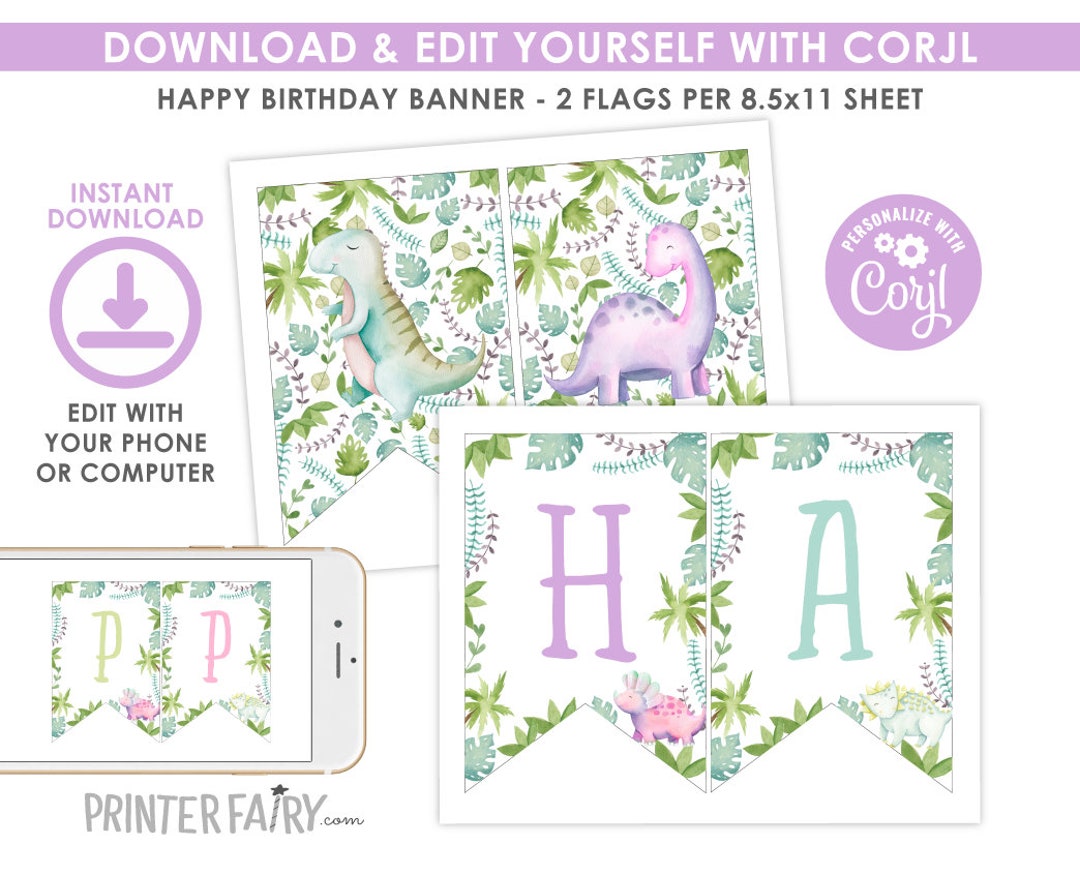 Dinosaur Girl Banner, EDITABLE, Dinosaur Birthday Party, Dinosaur ...