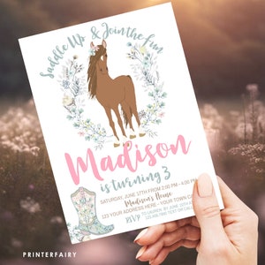 Horse Birthday Invitation, Cowgirl Invitation, Pony Party Invitation, Horse Invites, Floral Birthday Invitation, INSTANT DOWNLOAD image 3