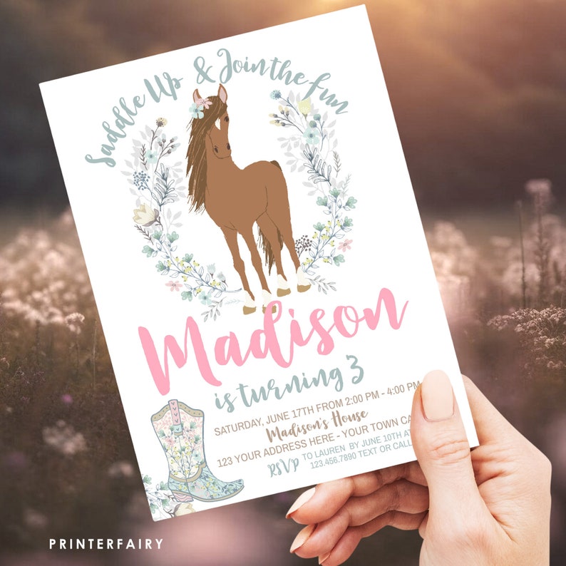 Horse Birthday Invitation, Cowgirl Invitation, Pony Party Invitation, Horse Invites, Floral Birthday Invitation, INSTANT DOWNLOAD image 3