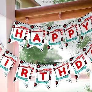 Diner Birthday Banner, Editable, Sock Hop Decorations, Midcentury 1950&#39;s Soda Shop Theme Party, Fifties American Diner, Retro Bunting