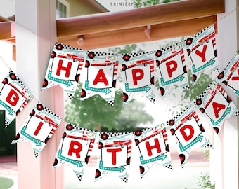 Diner Birthday Banner, Editable, Sock Hop Decorations, Midcentury 1950's Soda Shop Theme Party, Fifties American Diner, Retro Bunting