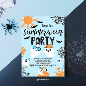 Invitación para fiesta de verano, editable, para Halloween, fiesta en la piscina, con temática de fantasmas, descarga instantánea.