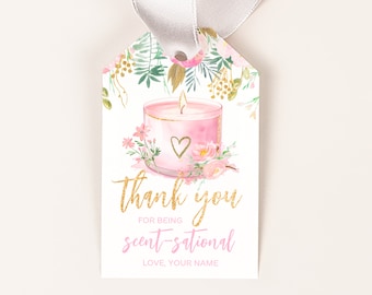 Etiqueta de agradecimiento para velas, plantilla editable con flores rosas y doradas, descarga instantánea