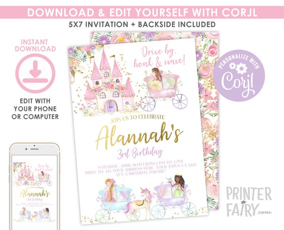 Drive Through Birthday Party, EDITABLE, Princess Invitation, Quarantine Birthday, Virtual, Birthday Parade Invitation, INSTANT DOWNLOAD Il_570xn