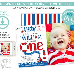 Nautical First Birthday Invitation with Photo, EDITABLE, Nautical Invitation, Summer Birthday, Pool Party Invitation, INSTANT DOWNLOAD