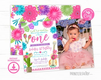 Fiesta First Birthday Party Invitation with Photo, Editable Mexican Fiesta Invitation, Fiesta Decorations, Cinco de Mayo Birthday, INSTANT